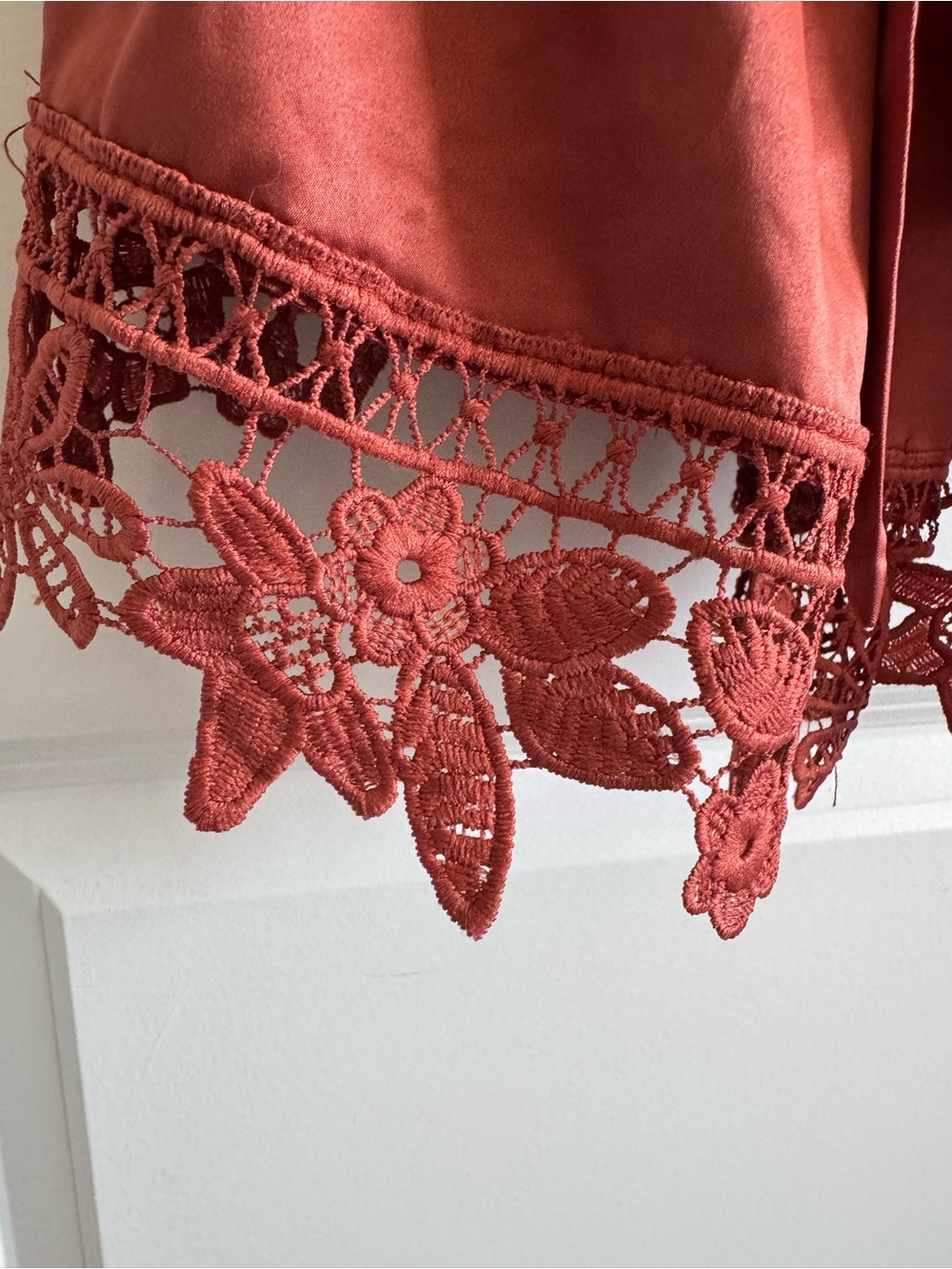 Satin Lace-Trim Short Robe in Rust - Picture 6 of 7